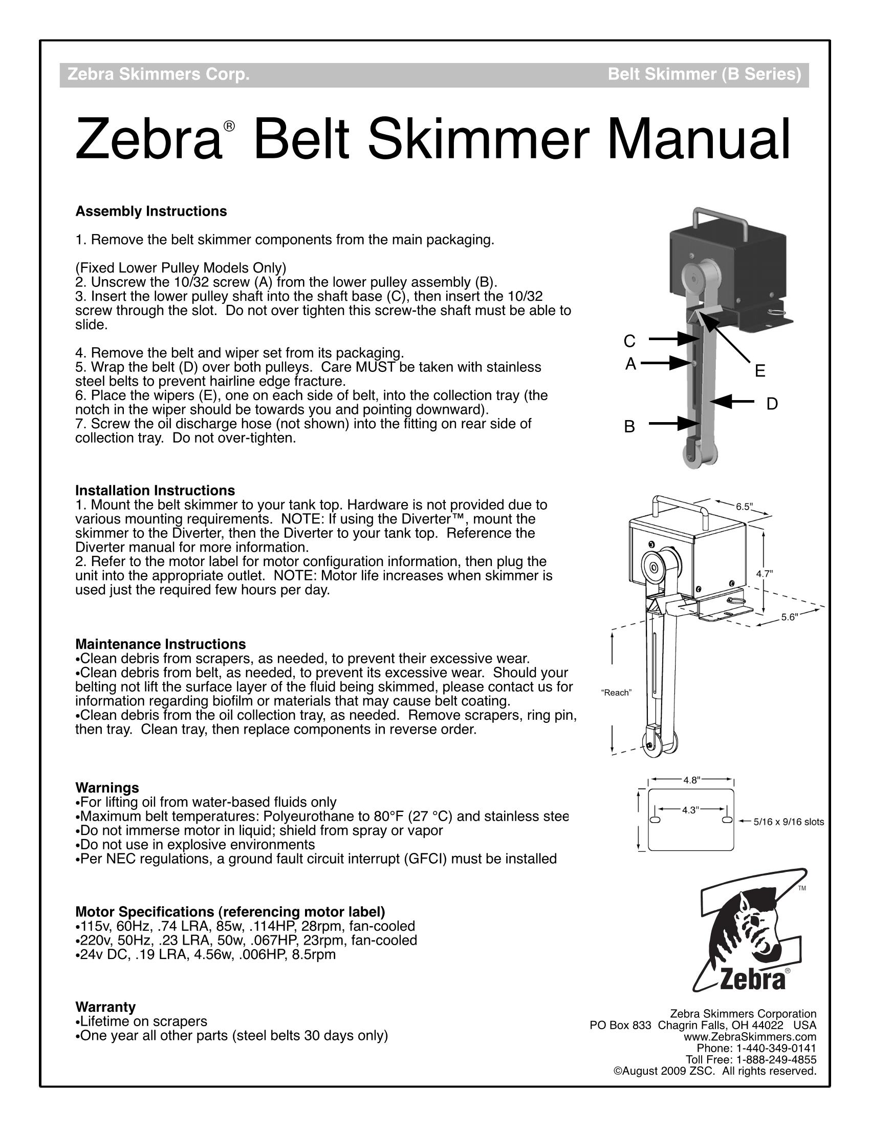 Zebra Oil Belt Skimmer 8" Poly -- 240VAC Made in USA - Image 3