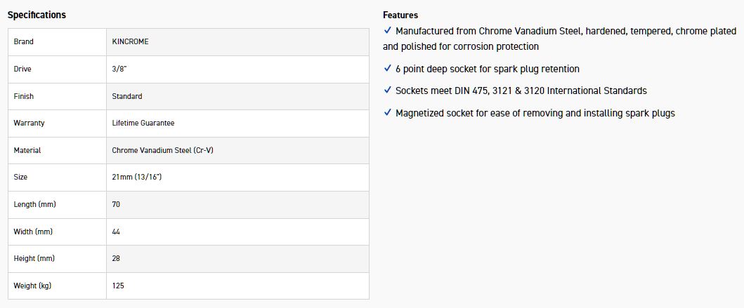 KINCROME ZDA26BC SPRK PLG SKT 3/8D 21MM (13/16) - Image 2