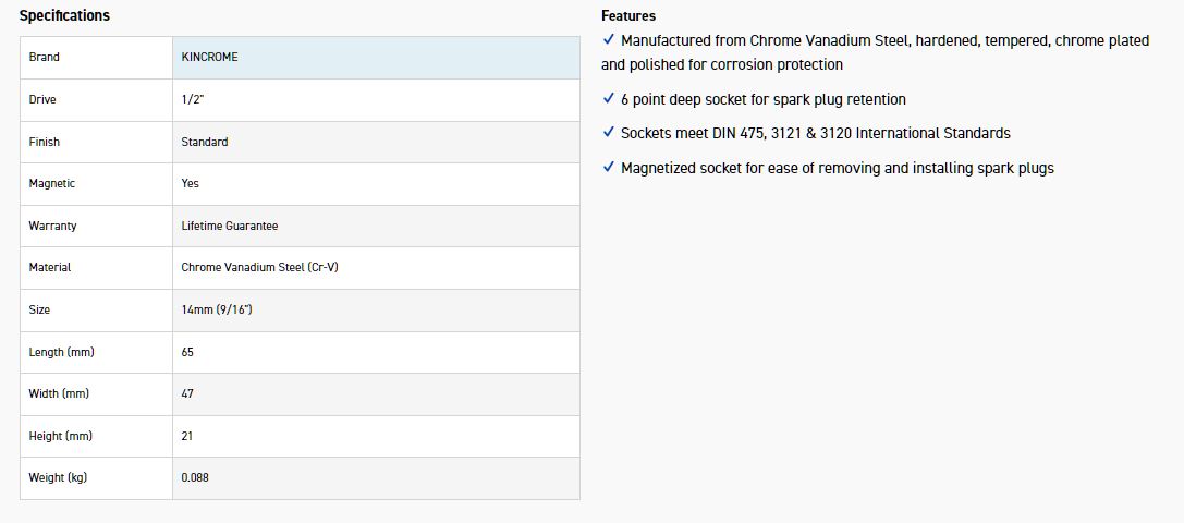 KINCROME ZDA26GC SPRK PLG SKT 1/2D 14MM (9/16) - Image 2