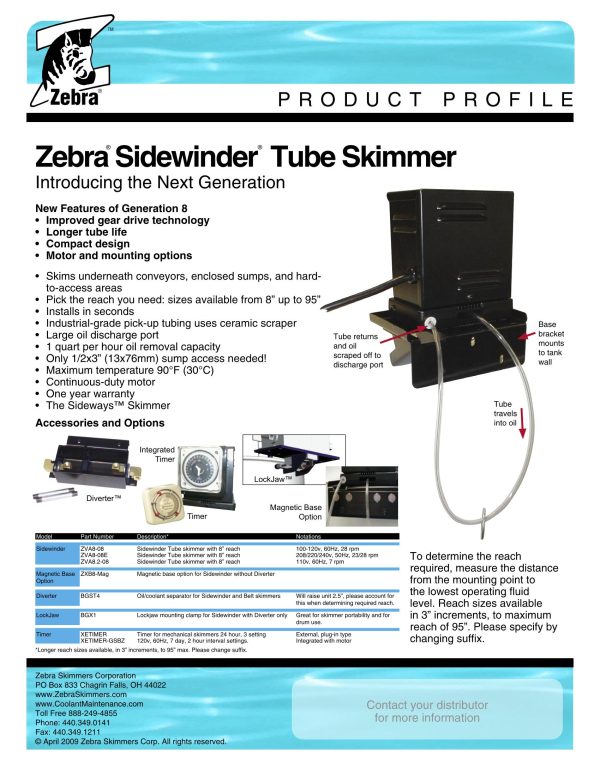 Zebra Sidewinder Oil Skimmer VA8 8" Reach Tube 240VAC Made in USA - Image 2