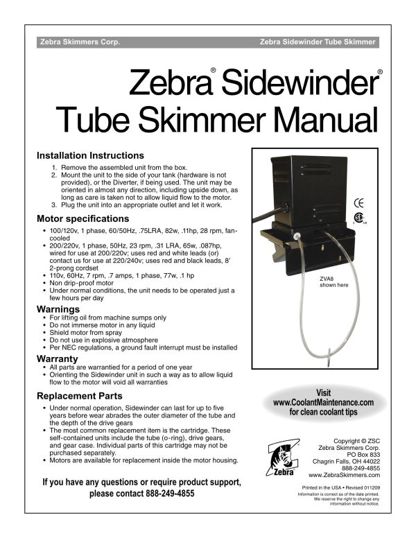 Zebra Sidewinder Oil Skimmer VA8 8" Reach Tube 240VAC Made in USA - Image 3