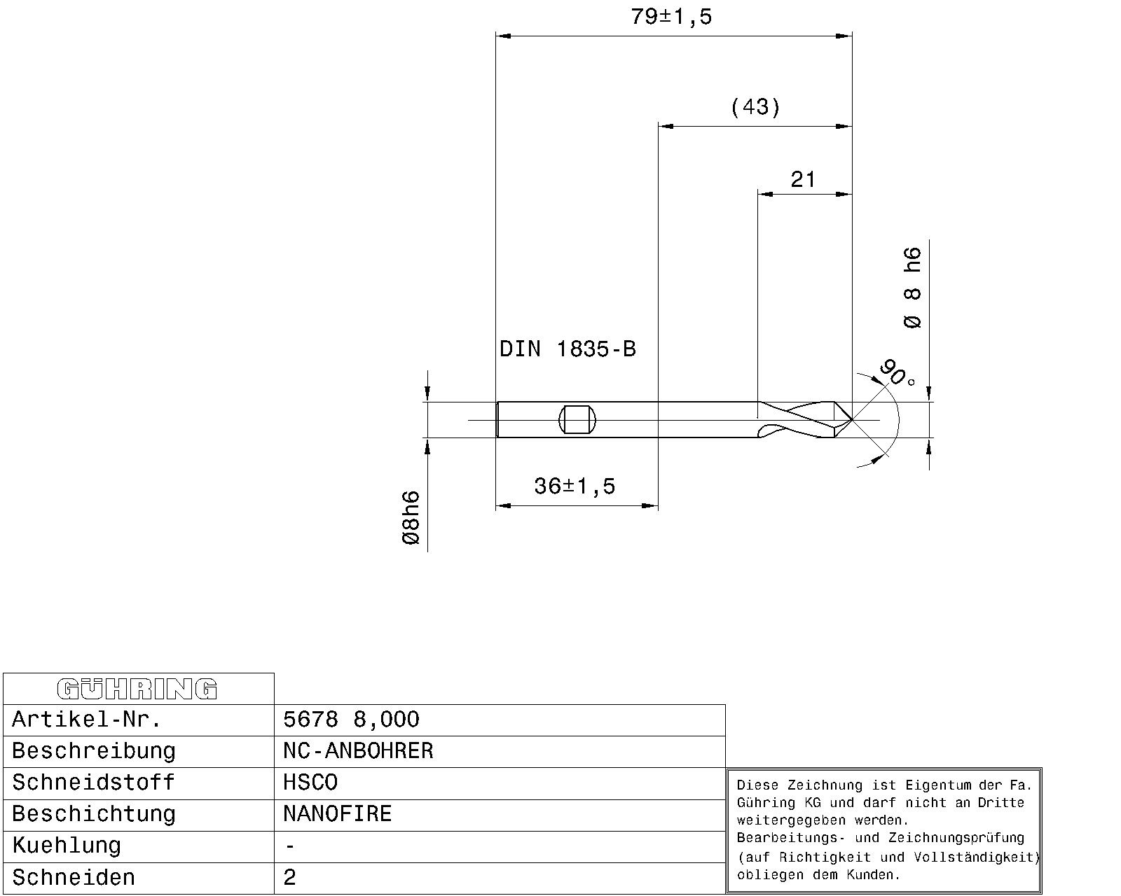 Guhring HSCo spot drill 90° fire coated - Image 2
