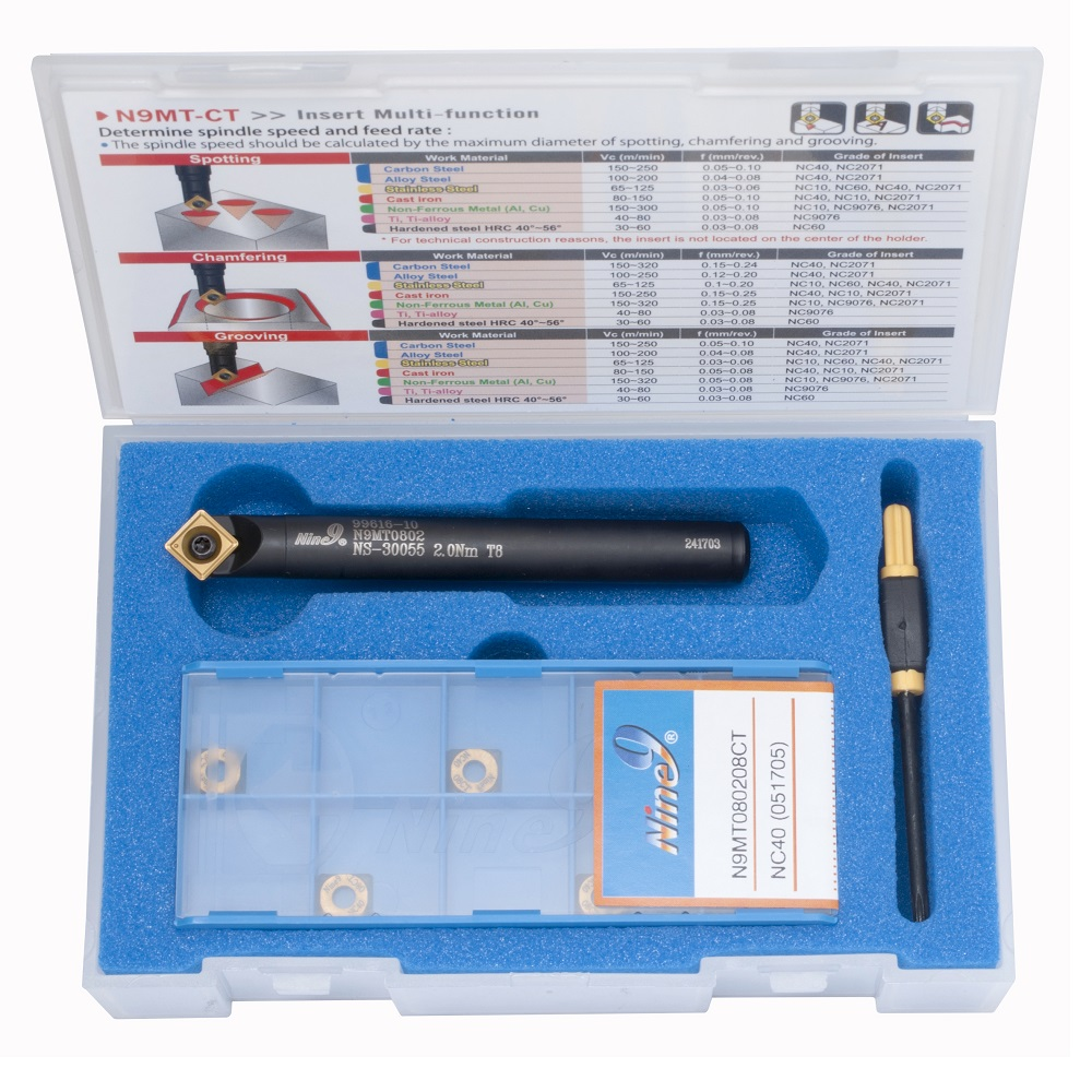 Nine9 - CT 10 DRILL W/6 INSERTS (NC40) Nine9 - Spotting & Engraving Starter Package 10mm Shank Tool with 6 pcs N9MT080208CT-NC40 inserts TiAlN inserts & Key