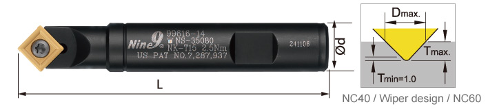 Nine9 - Starter package with 6 pcs TiAlN inserts & Key N9MT11T3CT-NC40 NC40 Grade carbide : Wiper design, universal grade for all unhardened steel. Each insert has 4 cutting edges. - Image 2