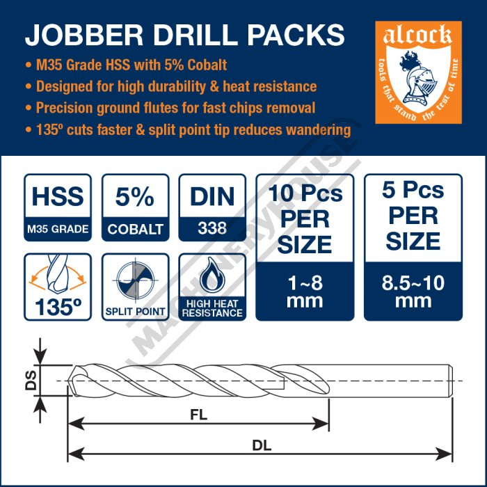 Alcock - Metric 135º Precision HSS Drill Set - 170 Pieces Ø1 - Ø10mm 0.5mm Increments Pieces Per Size Range: 10pcs per size (1.0–8.0mm) 5pcs per size (8.5–10.0mm) - Image 2
