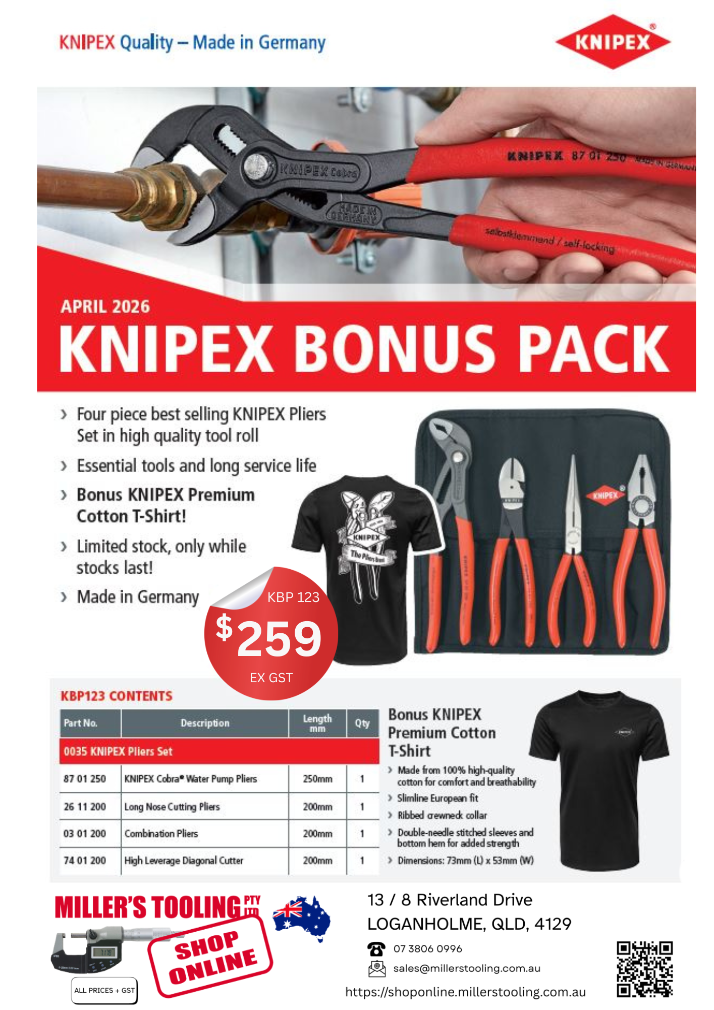KNIPEX PLIER TOOL ROLL 4PC WITH BONUS PREMIUM COTTON T-SHIRT