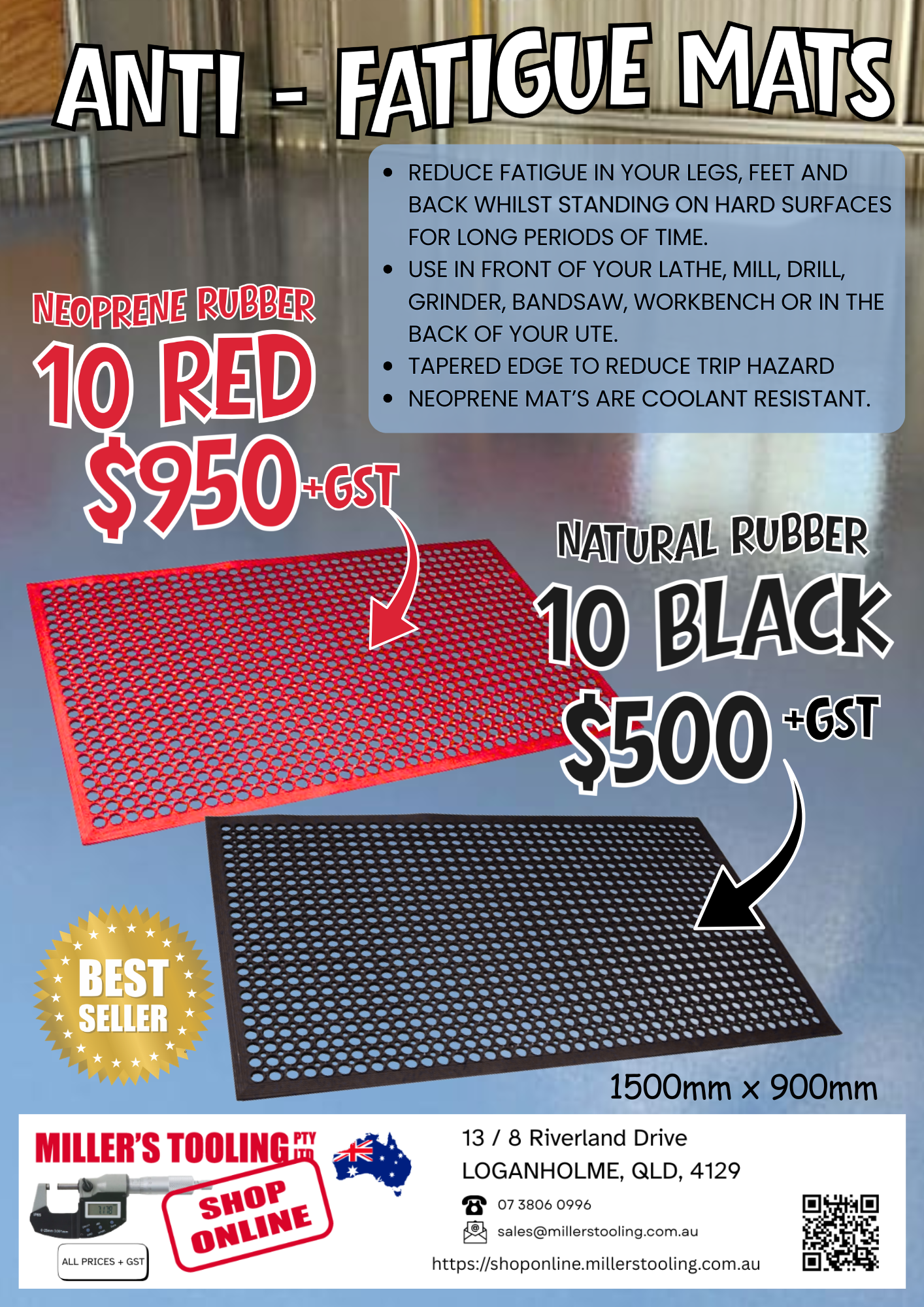 ** SPECIAL ** 10 x ANTIFATIGUE FLOORMATS RED NEOPRENE - COOLANT RESISTANT 900mm x 1500mm x 12mm