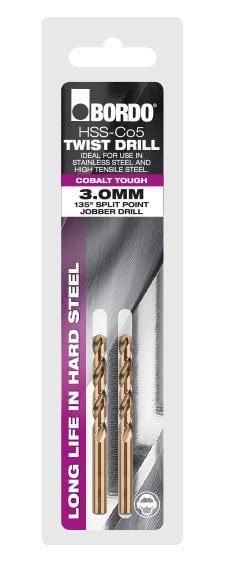 Bordo - 2mm HSS Cobalt Jobber Drill - 2Pk Clam
