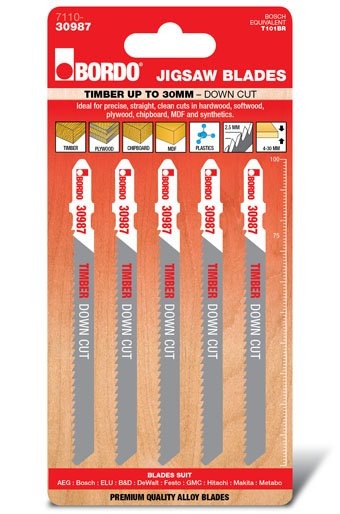 Bordo - 100mm x 2.5T HCS T-Shank Down Cut Jigsaw Blade - 5Pk