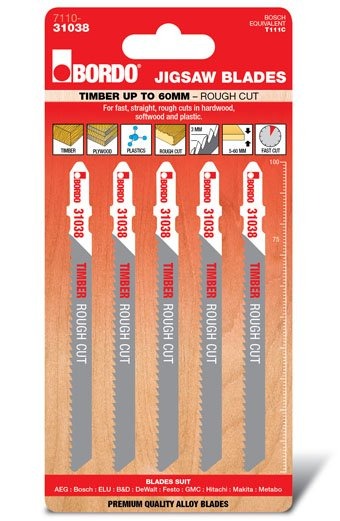 Bordo - 100mm x 3.0T HCS T-Shank Rough Cut Jigsaw Blade - 5Pk