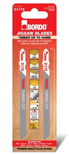 Bordo - 100mm x 4.0T HCS T-Shank Curved Cut Jigsaw Blade - 2Pk