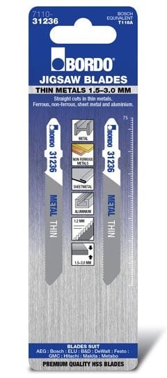 Bordo - 75mm x 1.2T Thin Straight Cut Jigsaw Blade - 2Pk