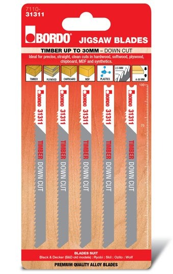 Bordo - 100mm x 2.5T HCS Uni Shank Down Cut Jigsaw Blade - 5Pk