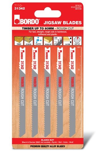 Bordo - 100mm x 3.0T HCS Uni Shank Rough Cut Jigsaw Blade - 5Pk