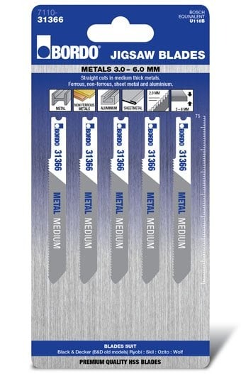 Bordo - 75mm x 2.0T HSS Uni Shank Medium Jigsaw Blade - 5Pk