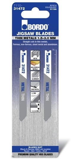 Bordo - 75mm x 1.2T Thin Straight Cut Universal Jigsaw Blade 2Pk