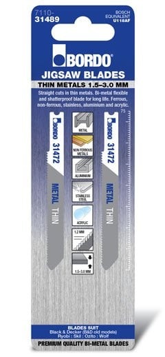 Bordo - 75mm x 1.2T Thin Straight Cut Universal Jigsaw Blade 2Pk